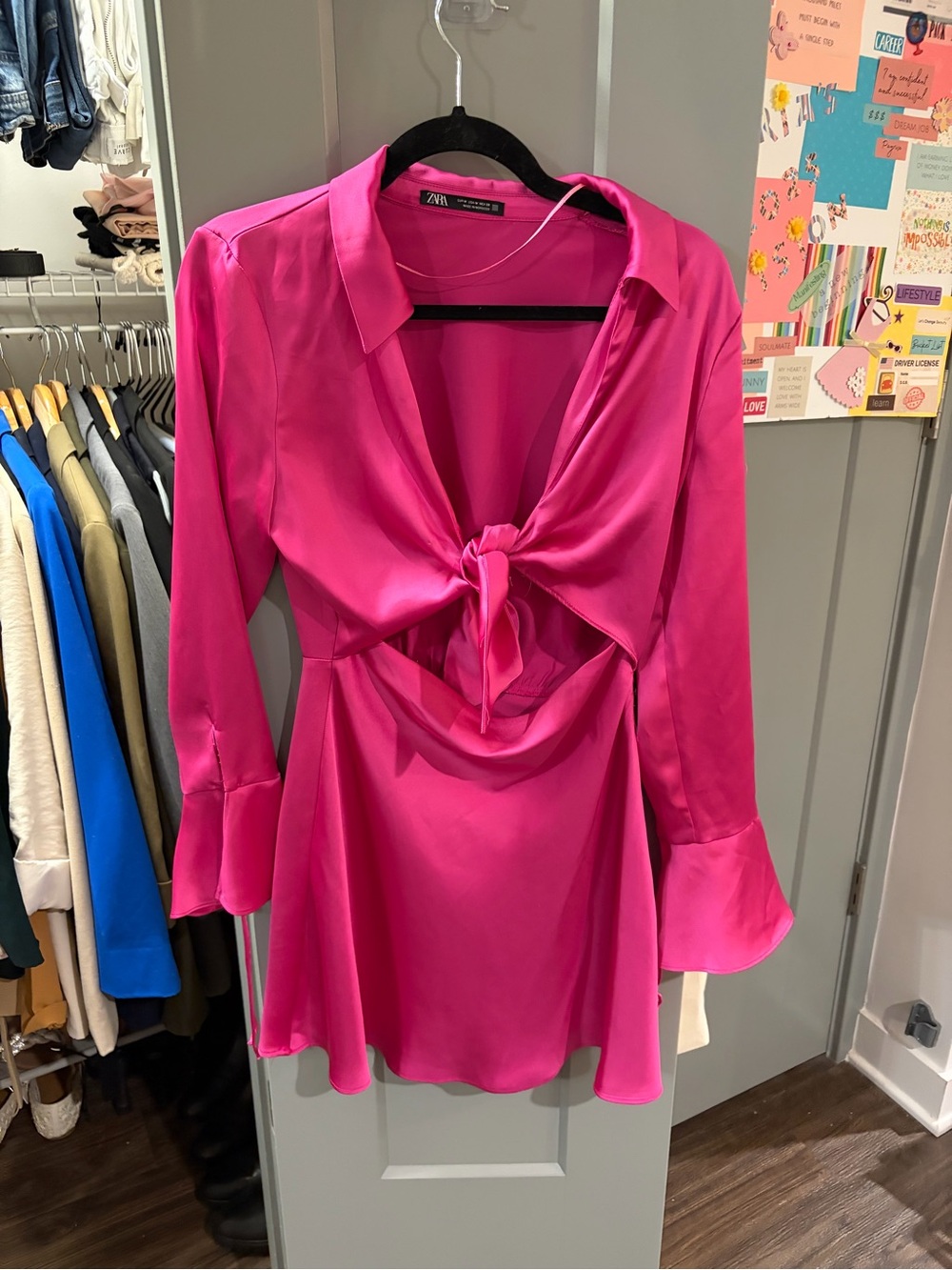 Zara Fuchsia Satin Tie-Front Blouse